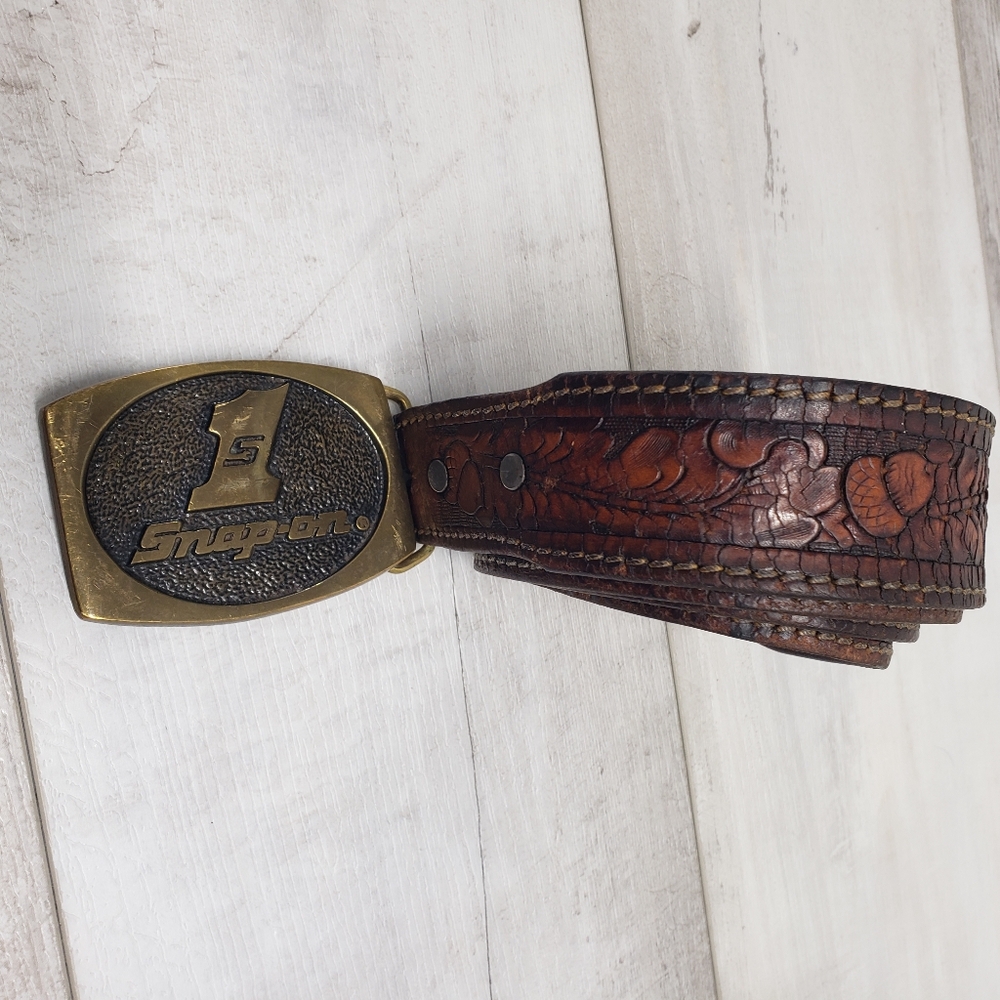 Vintage Snap On #1 Brown Leather Belt Brass Buckle Western